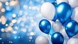 Party, tło na urodziny lub uroczystość, impreza, radosna atmosfera, świętowanie, konfetti i białe i niebieskie balony