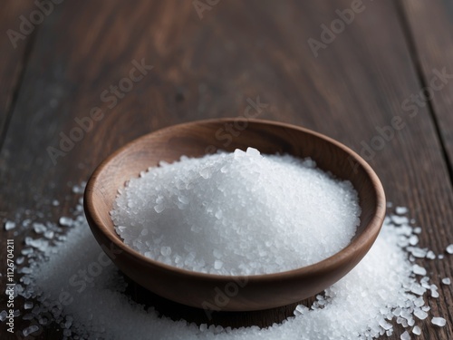 Experience the Essence of Pure White Sea Salt in Rustic Wooden Bowls on a Dark Wooden Background.