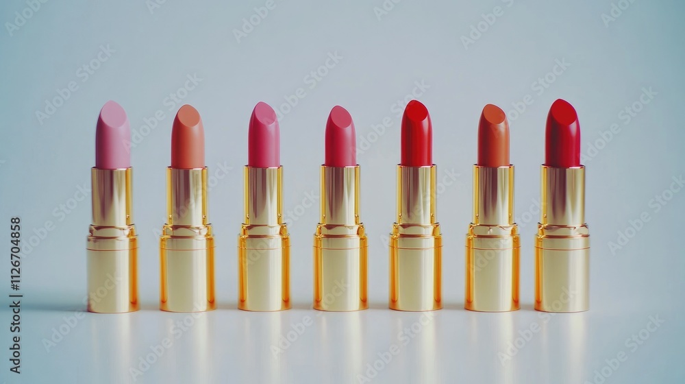 Obraz premium Seven gold lipsticks in a row, showcasing a gradient of pink and red shades.