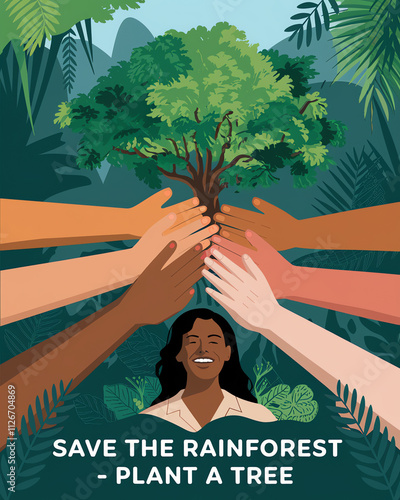 Hands together promoting tree planting for rainforest conservation in a lush setting photo