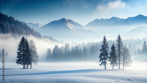 Serene Winter Landscape Misty Mountains, Snow-Covered Field, and Silhouetted Trees