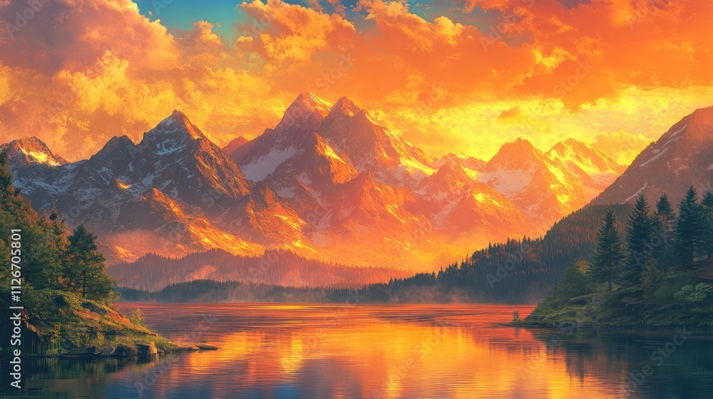 A breathtaking mountain landscape with a calm lake glowing under a vibrant golden hour sky A breathtaking mountain landscape with a calm lake glowing under a vibrant golden hour sky