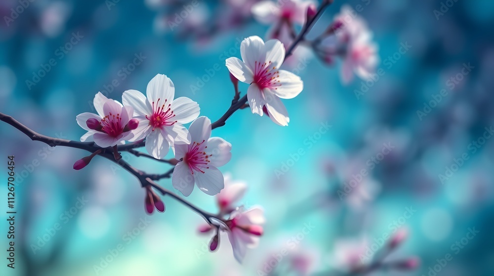 Delicate cherry blossoms with soft pink petals against a dreamy blue background for tranquil nature decor Delicate cherry blossoms with soft pink petals against a dreamy blue background for tranquil nature decor