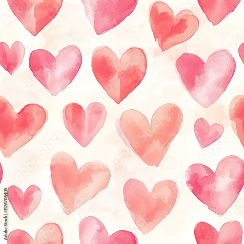 Soft watercolor hearts interconnected, pastel pink and blush tones, delicate brush strokes, romantic seamless pattern design