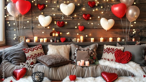 Charming living room adorned with valentine s day balloons, candles, and heart shaped decor