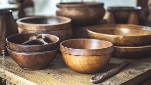 A collection of wooden bowls and utensils arranged on a rustic table.