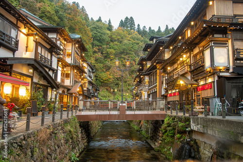 Ginzan onsen, Yamagata, Japan, Picturesque town with traditional architecture by a stream.