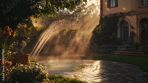 8. A large garden with a water sprinkler shooting water jets in the evening light photo