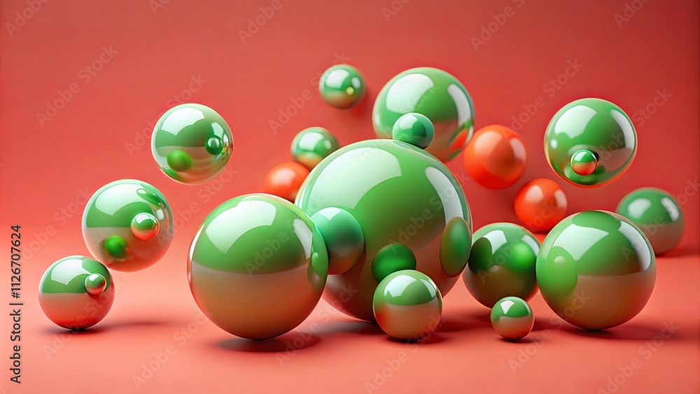 Abstract glossy spheres in vibrant green and orange hues on a coral background Abstract glossy spheres in vibrant green and orange hues on a coral background