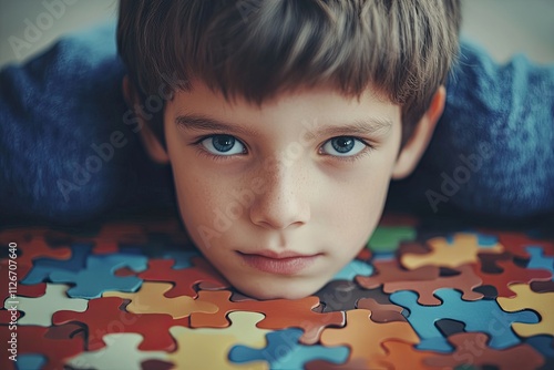 A child with pieces of colourful jigsaw puzzles. Symbol of the World Autism Awareness Day. Second of April photo