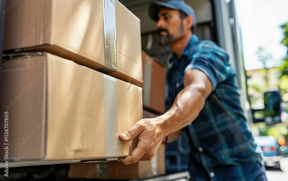 Delivery man in shirt carrying boxes from truck, mover unloading cardboard boxes from van on family house moving in day. Moving van, rear side, back view. Copy space, de focused, blurred background Delivery man in shirt carrying boxes from truck, mover unloading cardboard boxes from van on family house moving in day. Moving van, rear side, back view. Copy space, de focused, blurred background