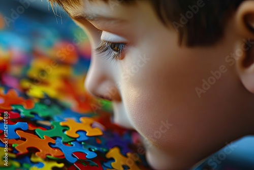 A child with pieces of colourful jigsaw puzzles. Symbol of the World Autism Awareness Day. Second of April photo