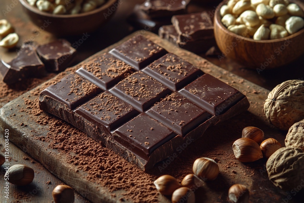 on a dark background, chocolate bars sprinkled with cocoa, decorated with nuts. With space for text on a dark background, chocolate bars sprinkled with cocoa, decorated with nuts. With space for text