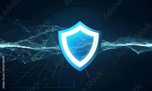 Digital technology shield animation representing secure systems and cybersecurity concepts with a futuristic network background.