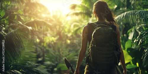 Explorer navigating through a dense jungle during sunset with a backpack and a tool in hand photo