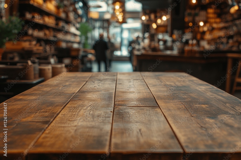 Rustic Wooden Tabletop in Blurred Cafe Setting Rustic Wooden Tabletop in Blurred Cafe Setting