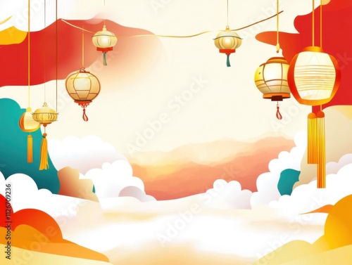 Generative AI Lunar New Year Shopping Background Red Theme Cartoon Fortune Wealth Design photo