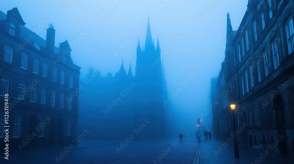 Obraz premium Dreamlike Twilight Streets of a Foggy City at Dusk with Eerie Shadows