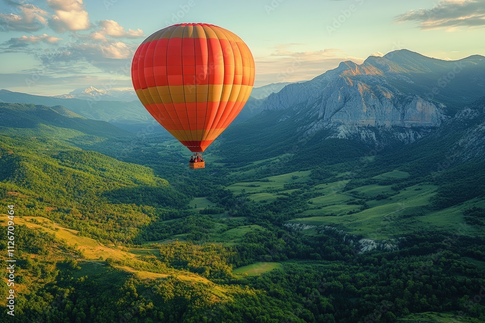 Obraz premium A colorful hot air balloon floating over a scenic valley.
