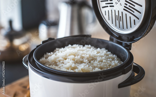 Cooking rice in a cooker on a kitchen countertop with a cozy atmosphere