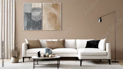 Modern Earth Tone Interior. Modern living room in earth tone with comfortable furniture and abstract wall art, white carpet, white sofa, black cushion on the sofa