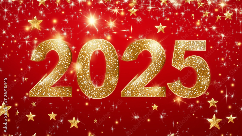 Dazzling 2025 Golden Numbers with Glitter and Stars on a Red Banner - Perfect for Festive New Year Celebrations and Party Decorations. A Vibrant Vector Illustration. Dazzling 2025 Golden Numbers with Glitter and Stars on a Red Banner - Perfect for Festive New Year Celebrations and Party Decorations. A Vibrant Vector Illustration.