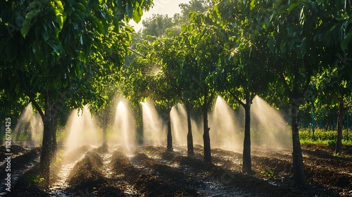 22. A young durian orchard with sprinklers spraying water under the midday sun photo