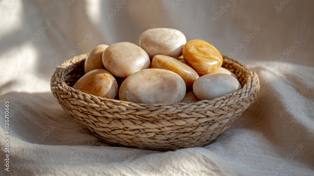 A basket filled with smooth stones. A basket filled with smooth stones.