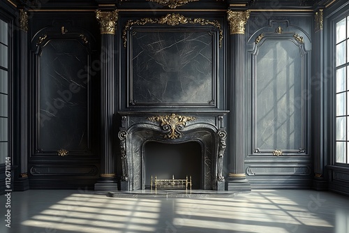 A luxurious dark interior with a fireplace