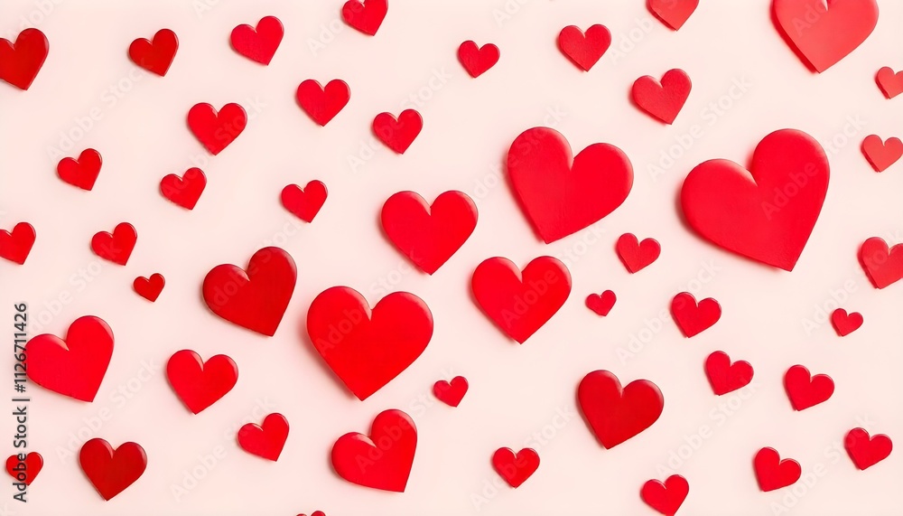 A romantic Valentine's Day background with red hearts of various sizes scattered on a soft pink surface A romantic Valentine's Day background with red hearts of various sizes scattered on a soft pink surface