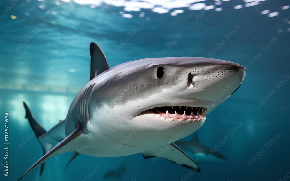 Naklejka premium Shark swimming gracefully in clear blue water at an underwater observatory in the ocean