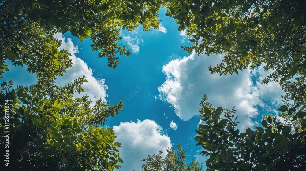 A Canopy of Green Leaves Framing a Vibrant Blue Sky with Fluffy White Clouds A Serene Summer Day A Canopy of Green Leaves Framing a Vibrant Blue Sky with Fluffy White Clouds A Serene Summer Day