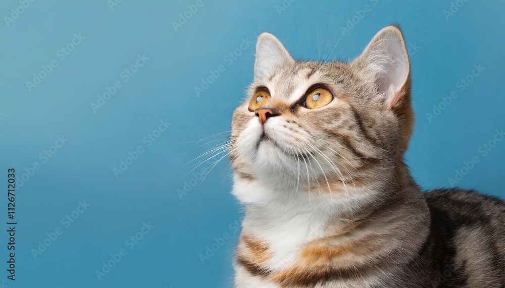 Adorable Cat Banner Featuring a Curious Feline Gazing Upward Against a Vibrant Solid Blue Background Perfect for Cat Lovers and Pet Enthusiasts Adorable Cat Banner Featuring a Curious Feline Gazing Upward Against a Vibrant Solid Blue Background Perfect for Cat Lovers and Pet Enthusiasts