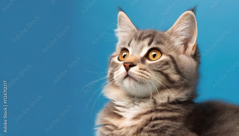 Adorable Cat Gazing Upward on a Solid Blue Background Perfect for Pet Lovers and Cat Enthusiasts, This Cute Banner Captures the Charm of Feline Friends in a Vibrant Setting Adorable Cat Gazing Upward on a Solid Blue Background Perfect for Pet Lovers and Cat Enthusiasts, This Cute Banner Captures the Charm of Feline Friends in a Vibrant Setting