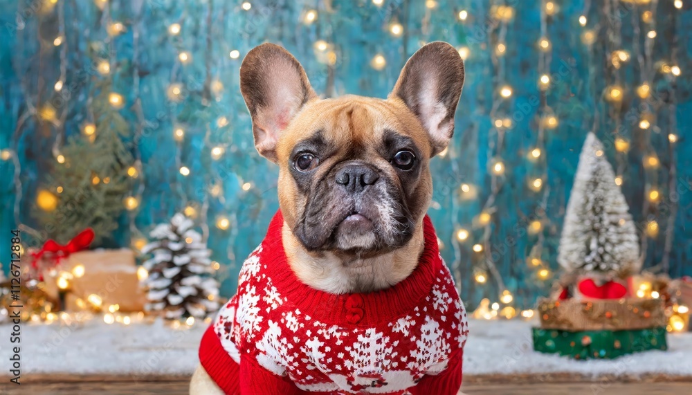 Adorable French Bulldog in a Cozy Knitted Christmas Sweater A Heartwarming Winter Scene Featuring a Playful Puppy Dressed for the Holidays, Spreading Joy and Laughter this Festive Season Adorable French Bulldog in a Cozy Knitted Christmas Sweater A Heartwarming Winter Scene Featuring a Playful Puppy Dressed for the Holidays, Spreading Joy and Laughter this Festive Season