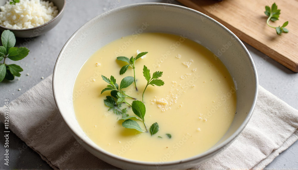 Creamy herb soup with fresh garnish in ceramic bowl Creamy herb soup with fresh garnish in ceramic bowl