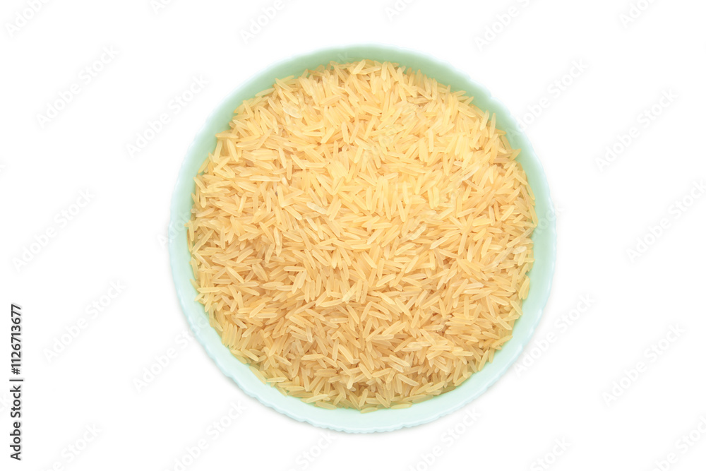 Rice grains on mint plate isolated on white background Rice grains on mint plate isolated on white background