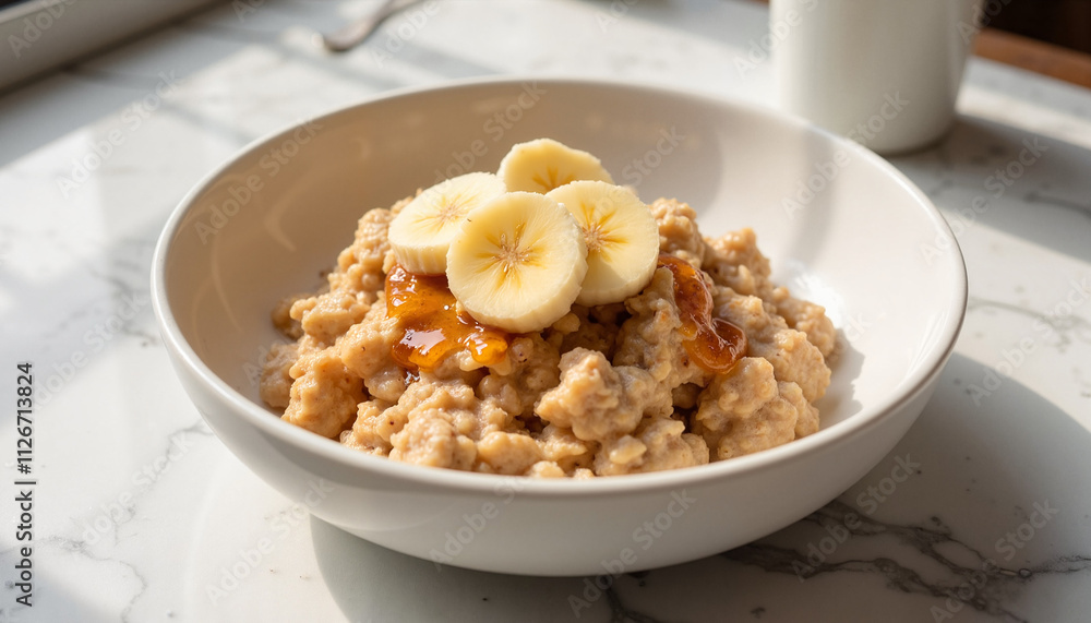 Oatmeal with banana slices and syrup in sunlight Oatmeal with banana slices and syrup in sunlight