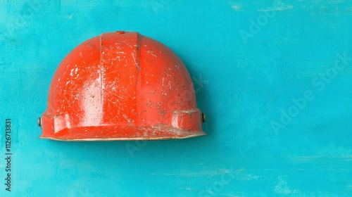 Worn Red Hard Hat on Turquoise Background Safety Construction photo