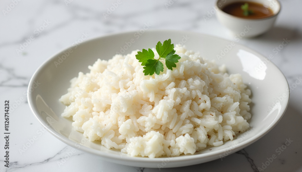 Steamed rice with parsley garnish on marble table