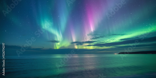 Vibrant northern lights dance over calm ocean waters at twilight