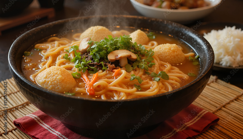 Hot ramen soup with mushrooms and dumplings in a black bowl Hot ramen soup with mushrooms and dumplings in a black bowl