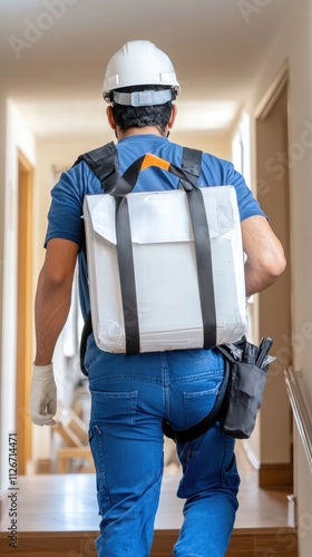 Professional worker in a hard hat walking with a backpack in a hallway. busy and delivering theme photo