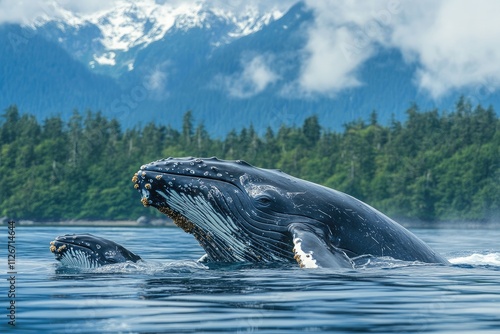 Humpback whale breaching near coastal town in alaska photo