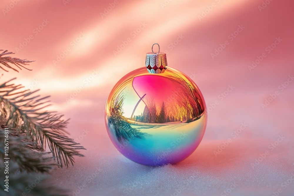 Christmas ball reflecting winter sunset lies on snow near pine branch Christmas ball reflecting winter sunset lies on snow near pine branch