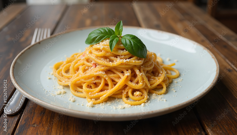Spaghetti dish with basil on wooden table Spaghetti dish with basil on wooden table