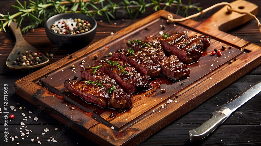 Savory medium rare steak pieces with herbs spices and pepper on a wooden board accompanied by a spoon and knives Savory medium rare steak pieces with herbs spices and pepper on a wooden board accompanied by a spoon and knives