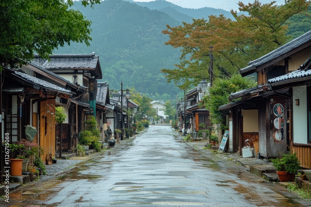 Empty street with traditional japanese houses in a rainy day Empty street with traditional japanese houses in a rainy day