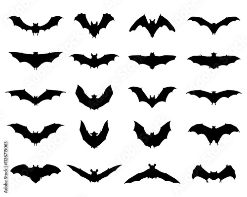 Big set of black silhouettes of bats on a white background