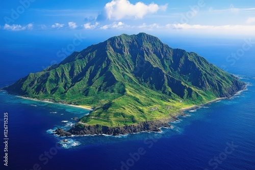 Lush green volcanic island emerging from the deep blue sea in japan